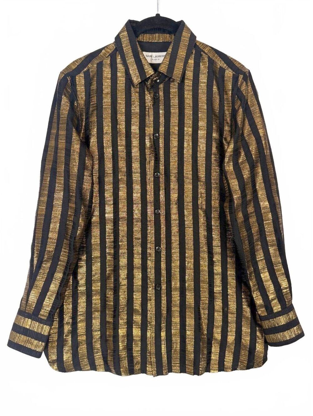Saint Laurent Black Gold Metallic Striped Silk Blend Lurex Button Up Shirt Sz M
